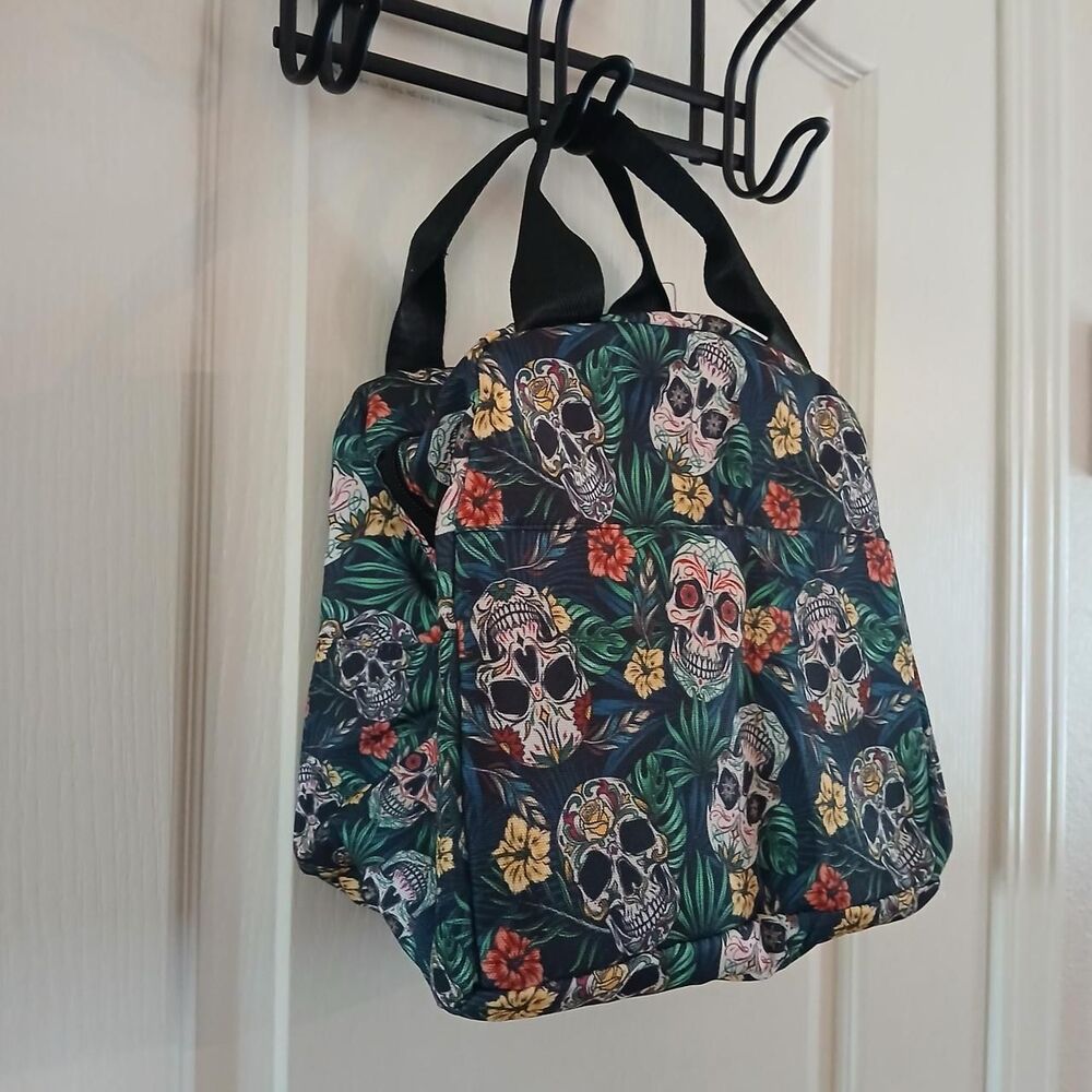 Vibrant All Over Print Sugar Skull Floral Tote Bag Insulated Lunch Box Goth Alt - Picture 5 of 6